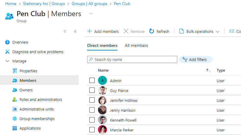 Azure Portal Group showing several members